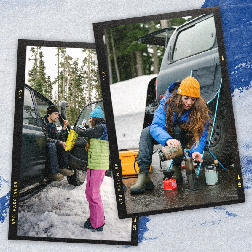 Two images of people relaxing after a snowboard and ski