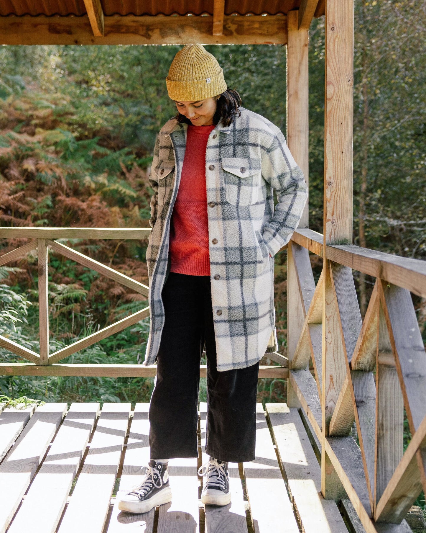 Cloudy Recycled Sherpa Fleece Shirt - Pistachio Check